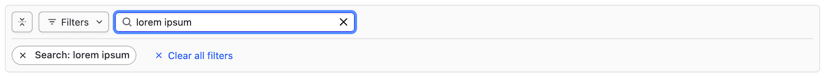 Filter bar with a new filter added for "Search: lorem ipsum"