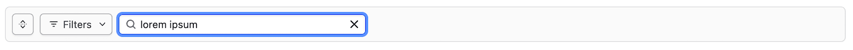 Filter bar with search input containing "lorem ipsum" value