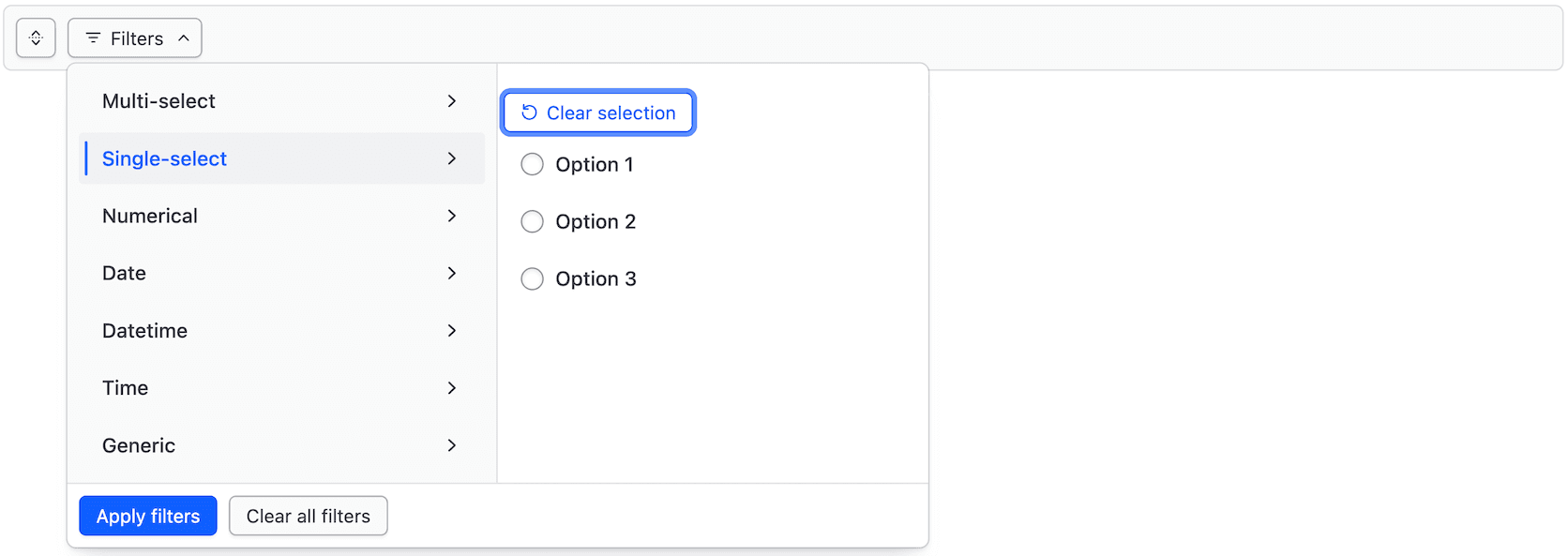 Filter bar with the dropdown opened and the focus inside the second tab panel