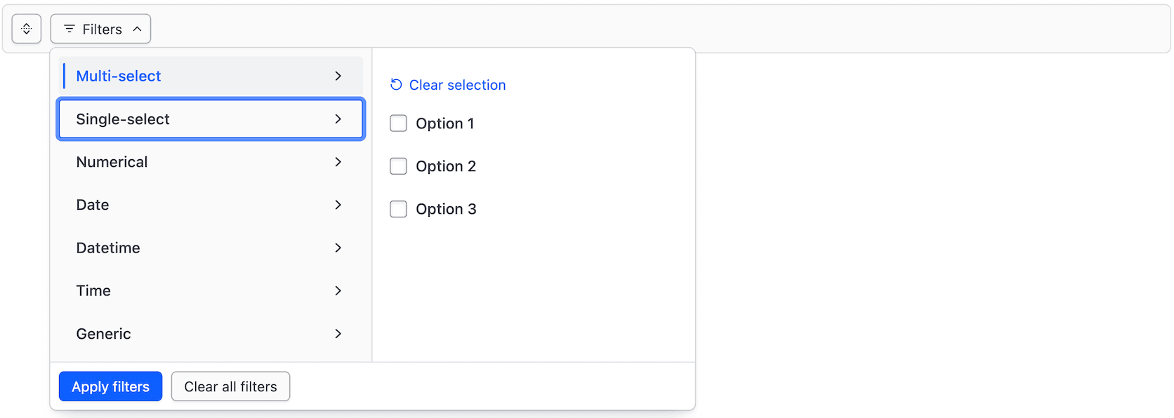 Filter bar with the dropdown opened and the focus moved to the second tab