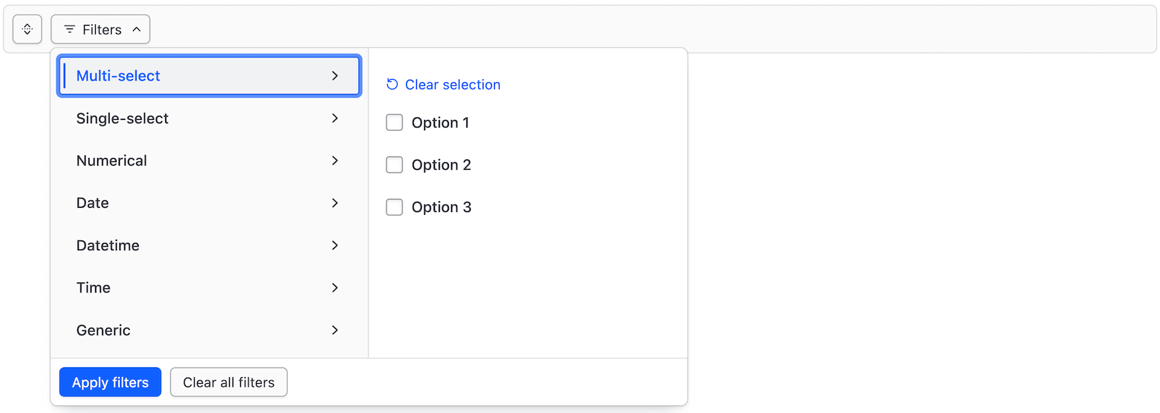 Filter bar with the dropdown opened and the selected tab focused
