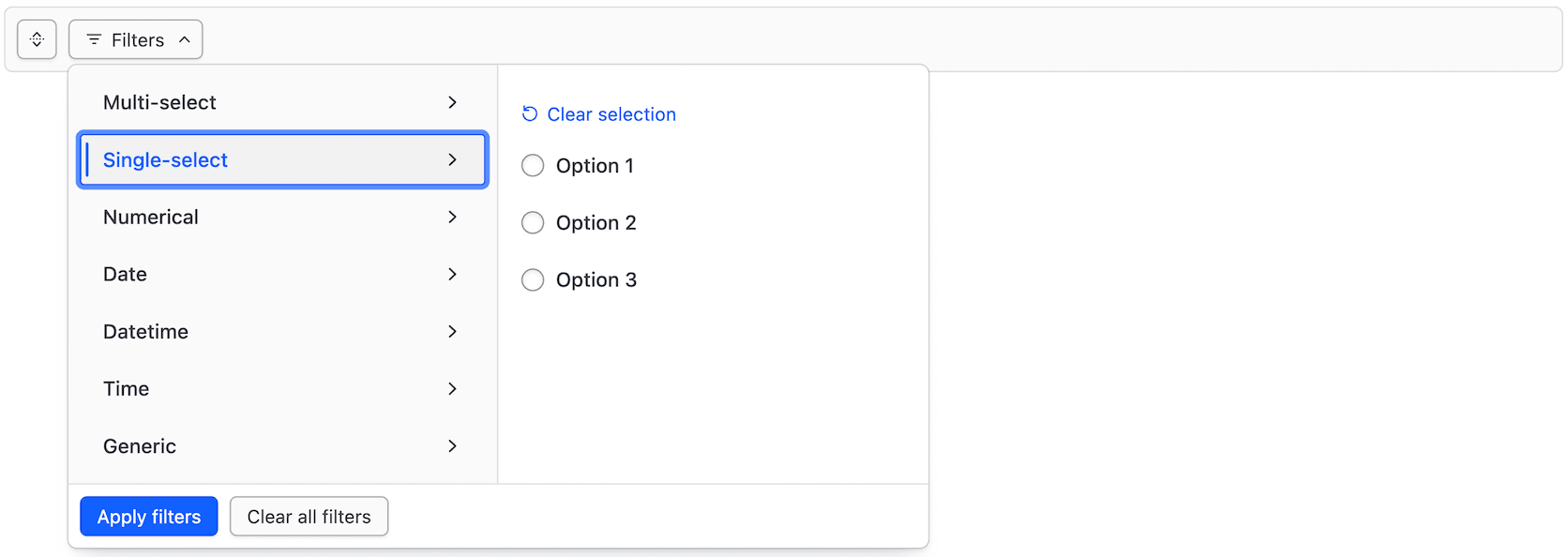 Filter bar with the dropdown opened and the second tab selected