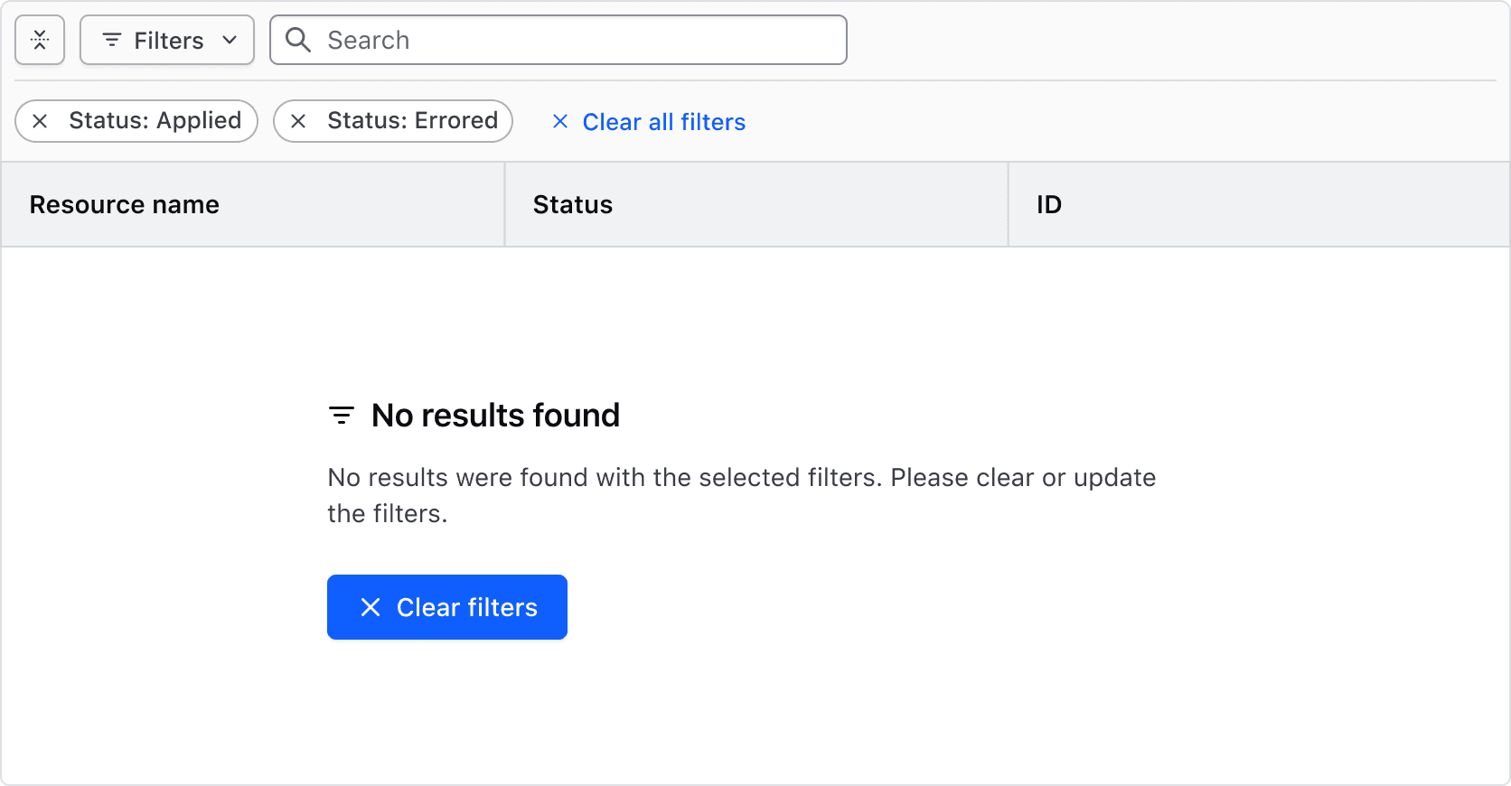 An Advanced Table with filters applied and no results. The empty state explains that there are no results from the filters applied and has a button to clear the filters.